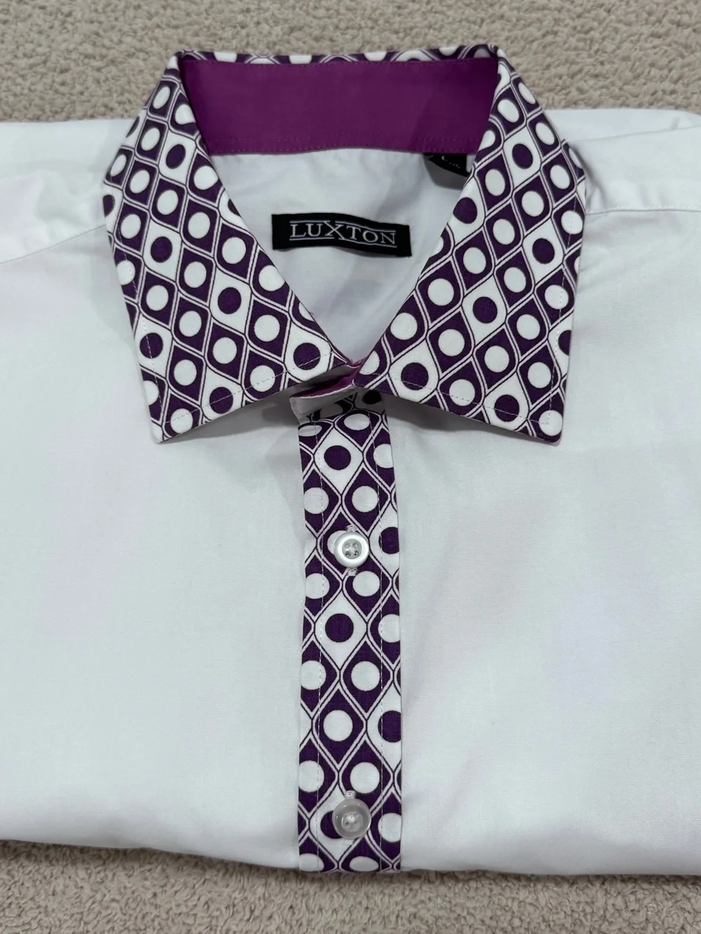 Luxtton Men’s Dress Shirt 16/32–33 White w/ Purple Contrast Trim Modern Fit